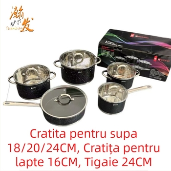 Set de vase din oțel inoxidabil, 10 piese, include oală pentru lapte, oală de supă și tigaie, compatibil cu inducția, capac din sticlă temperată, fund dublu, oțel 201