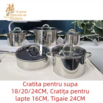 Set de vase din oțel inoxidabil, 10 piese, include oală pentru lapte, oală de supă și tigaie, compatibil cu inducția, capac din sticlă temperată, fund dublu, oțel 201