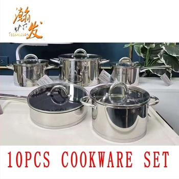 Set de vase din oțel inoxidabil, 10 piese, include oală pentru lapte, oală de supă și tigaie, compatibil cu inducția, capac din sticlă temperată, fund dublu, oțel 201