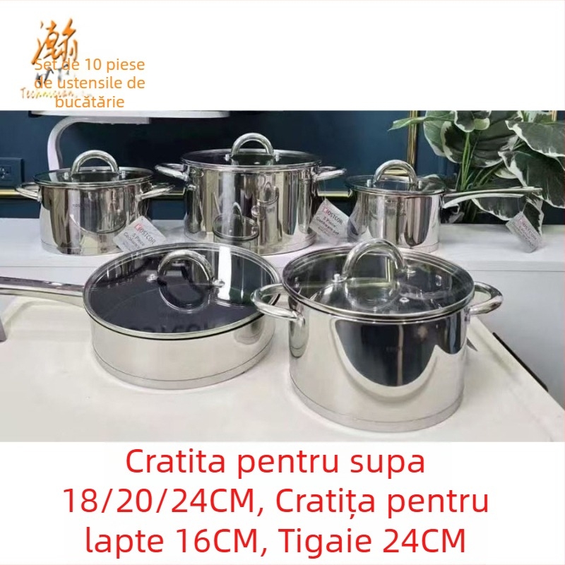 Set de vase din oțel inoxidabil, 10 piese, include oală pentru lapte, oală de supă și tigaie, compatibil cu inducția, capac din sticlă temperată, fund dublu, oțel 201
