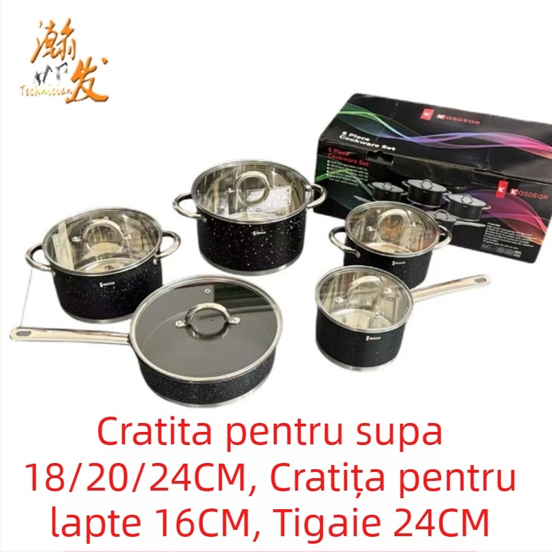 Set de vase din oțel inoxidabil, 10 piese, include oală pentru lapte, oală de supă și tigaie, compatibil cu inducția, capac din sticlă temperată, fund dublu, oțel 201
