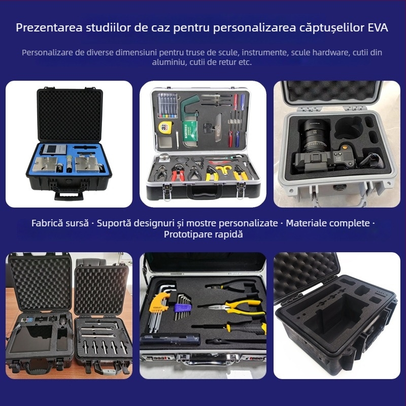 Cutie de unelte din aluminiu, cu înveliș EVA personalizabil, inserție din spumă și tavă interioară EVA, gravată CNC dintr-o singură piesă, 28–80°