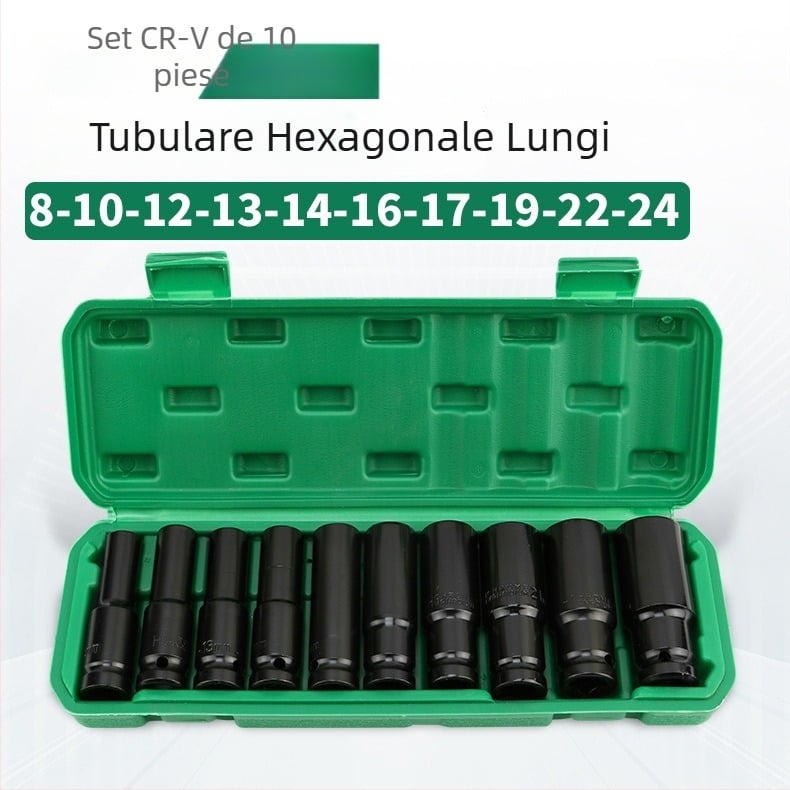 Set de 10 piese, ansamblu pneumatic extins pentru socluri, cu 1/2 inch cuplă, finisaj negru electroplacat, CR-V material, pentru reparații auto