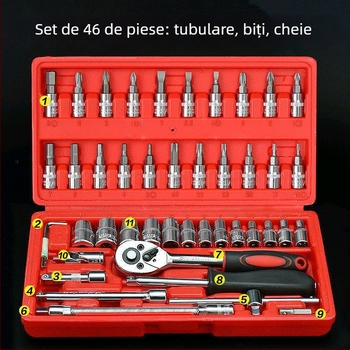 Set de scule pentru reparații auto, 46 de piese, cu chei cu soclu și set de biti