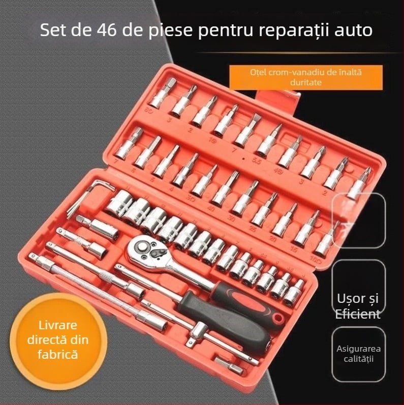 Set de scule pentru reparații auto, 46 de piese, cu chei cu soclu și set de biti