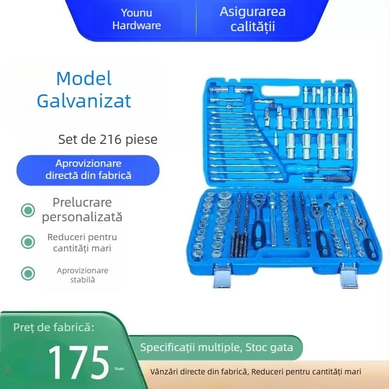 Set de unelte galvanizate cu clichet, 216 piese, pentru reparații acasă și la mașină