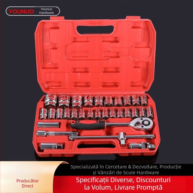 Set cromat din oțel cu 32 piese, chei cu clichet, cutie pentru reparații auto
