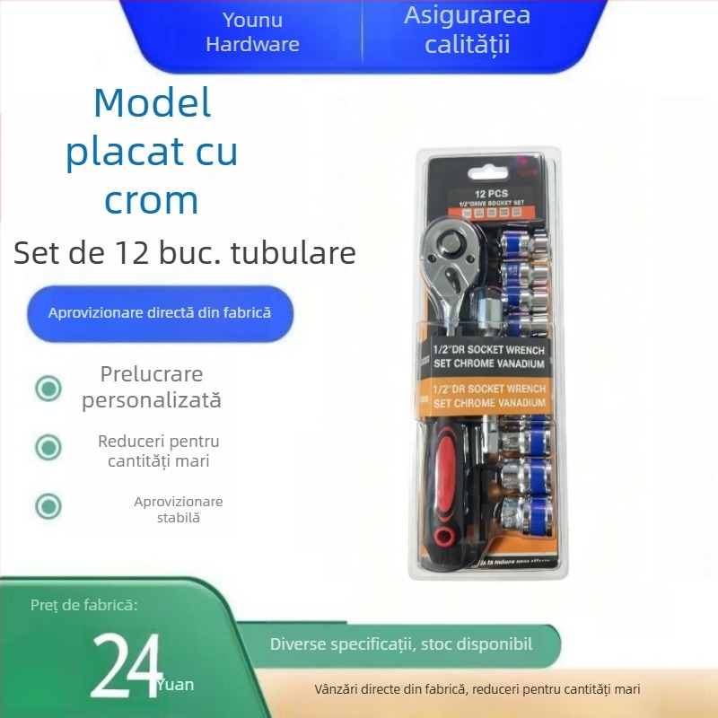 Set cromat de 12 piese, chei cu clichet și set de capete pentru reparații casnice și auto