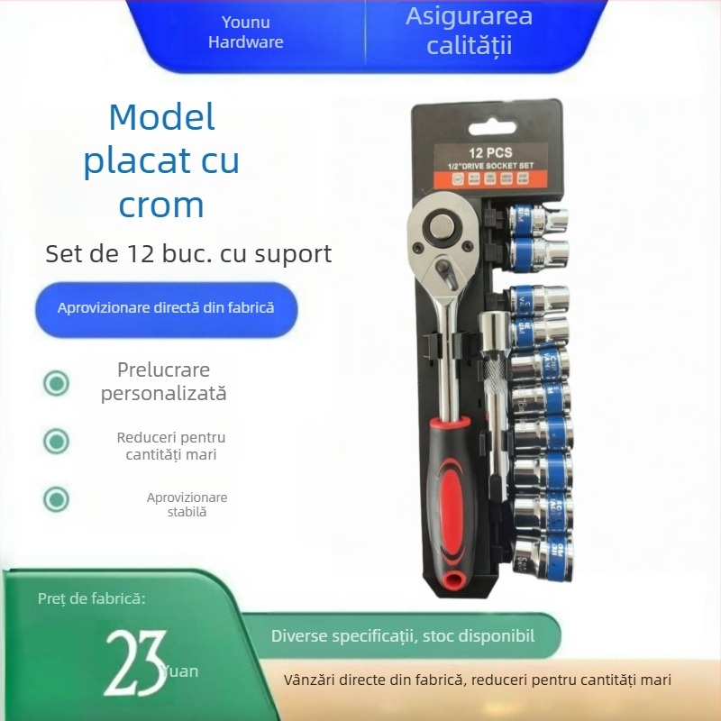 Set cromat de 12 piese, chei cu clichet și set de capete pentru reparații casnice și auto