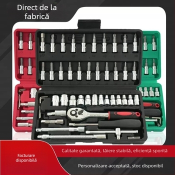Set de unelte cu 46 de piese, cu prindere de 1/4, ratchet mic, șurubelniță și chei pentru reparații auto