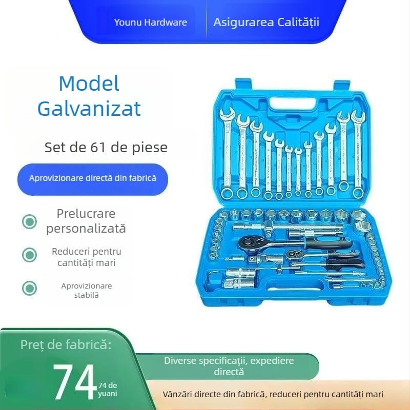 Set de unelte galvanizat pentru reparații de mașini, 61 de piese, set cu clichet pentru uz casnic și auto