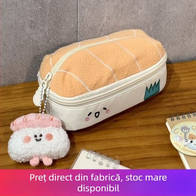 Penar dublu din pluș cu temă sushi, creativ și stilat, capacitate mare pentru elevi de gimnaziu
