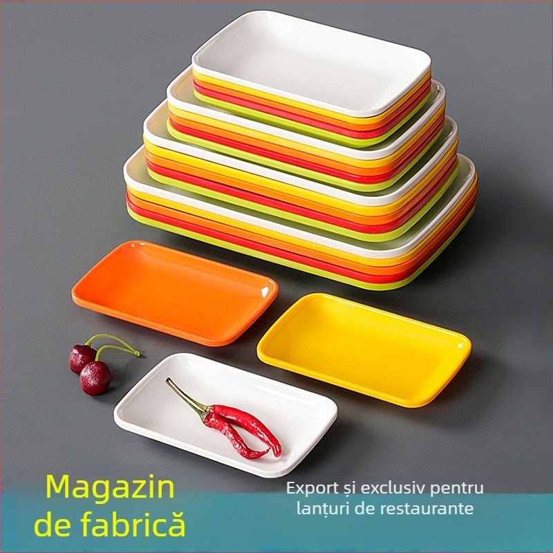 Farfurie dreptunghiulară din melamină, aspect porțelan imitativ, pentru hot pot, grătar, rulouri de orez și garnituri.