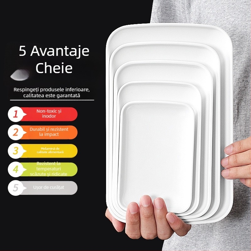 Farfurie dreptunghiulară din melamină, aspect porțelan imitativ, pentru hot pot, grătar, rulouri de orez și garnituri.