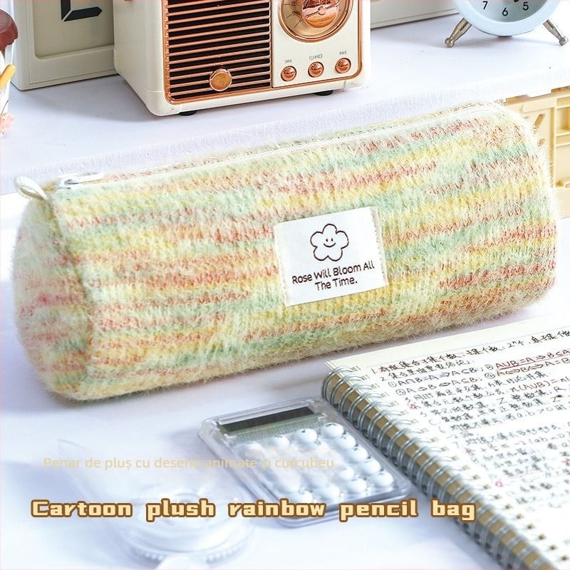 Penar cilindric din pluș, în stil japonez, colorat, cu capacitate mare, ușor de purtat