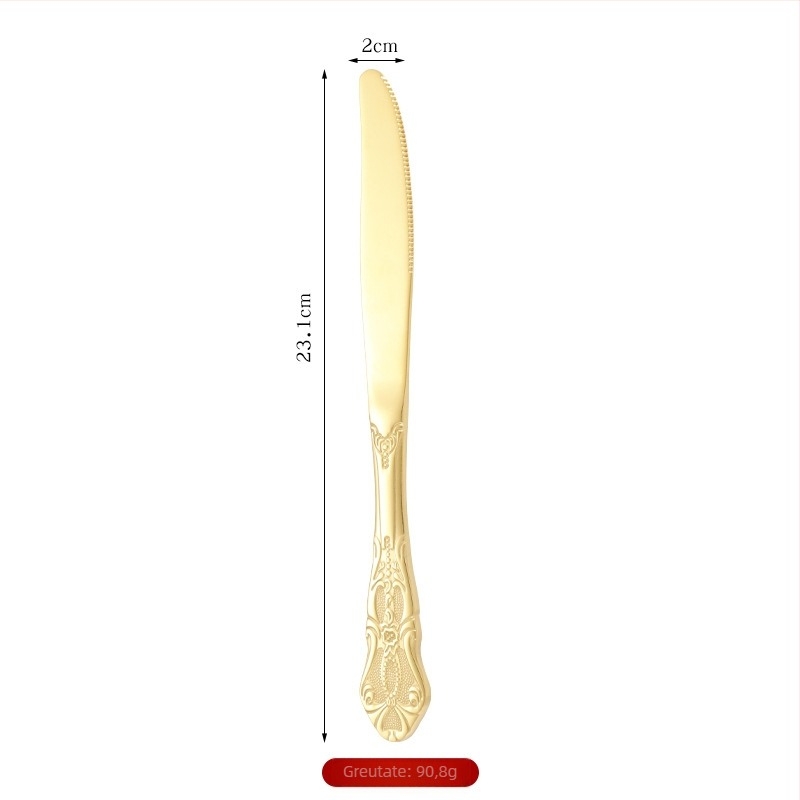 Tacâmuri din oțel inox 410, set de 5 piese: lingură, furculiță și cuțit pentru friptură, relief retro, stil european
