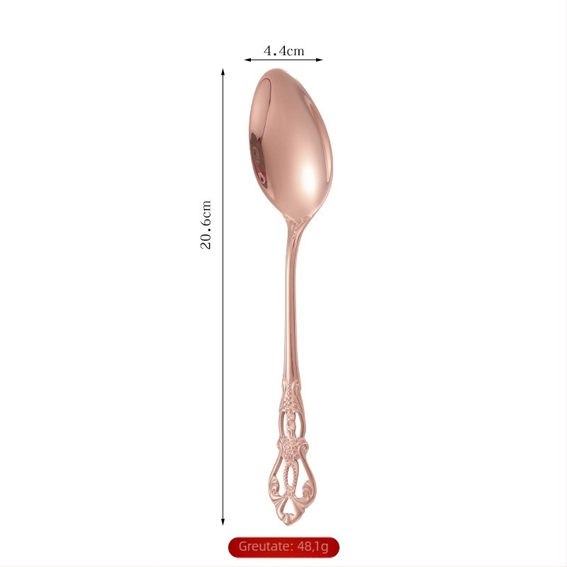 Tacâmuri din oțel inox 410, set de 5 piese: lingură, furculiță și cuțit pentru friptură, relief retro, stil european