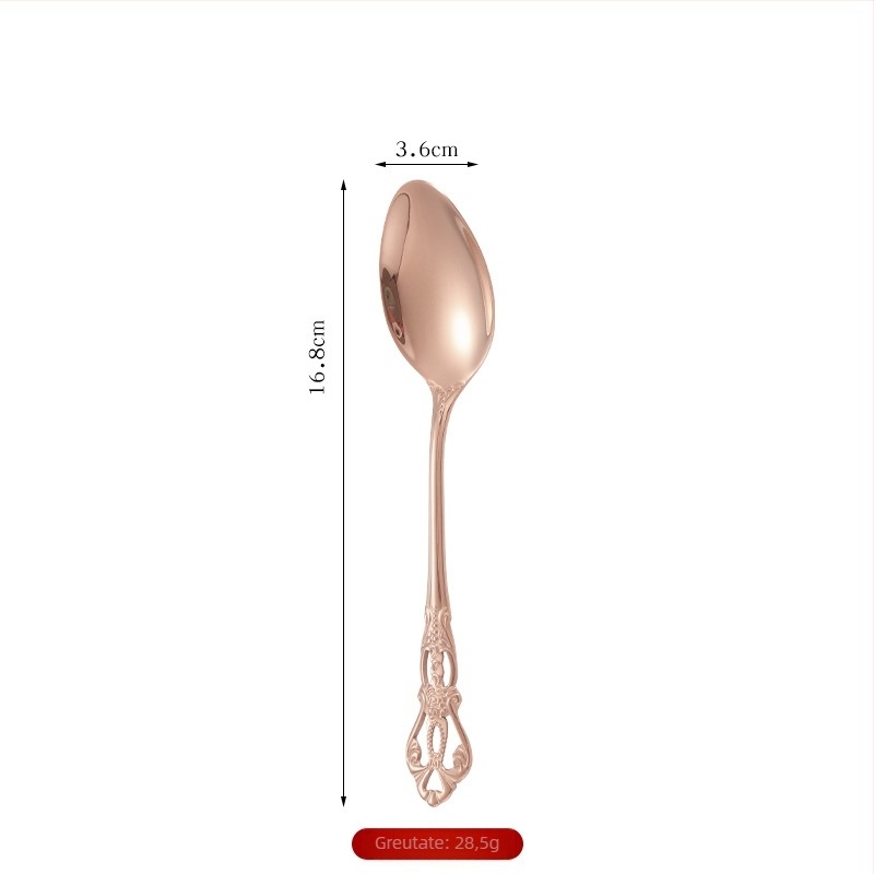 Tacâmuri din oțel inox 410, set de 5 piese: lingură, furculiță și cuțit pentru friptură, relief retro, stil european