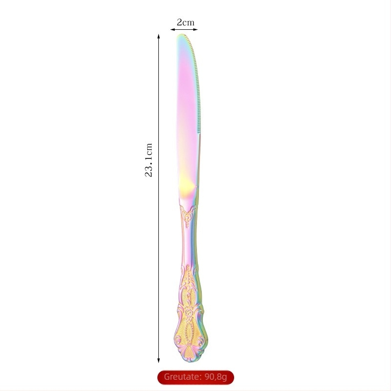 Tacâmuri din oțel inox 410, set de 5 piese: lingură, furculiță și cuțit pentru friptură, relief retro, stil european