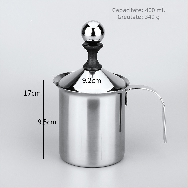 Spumător de lapte din oțel inoxidabil, manual, 400 ml, stil japonez cu două straturi, pentru latte art