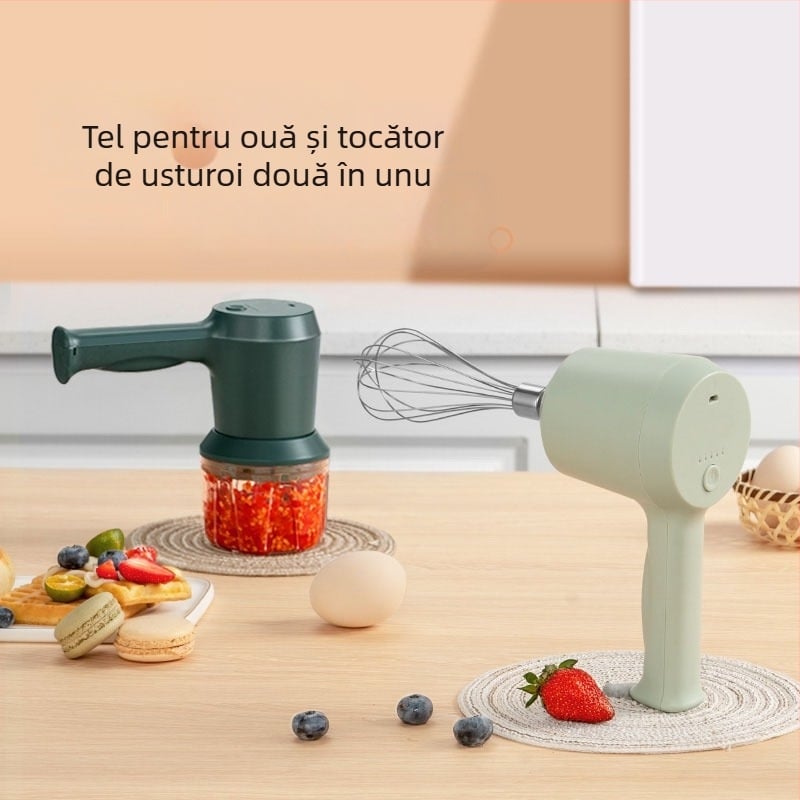 Amestecător electric de ouă 3 în 1, fără fir, cu mărunțitor de usturoi și râșniță de carne, reîncărcabil