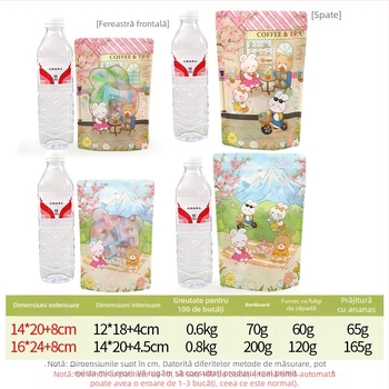 Pungă alimentară cu fermoar, opacă, auto-stand, design urs Sakura și iepuraș, ambalare pentru produse de panificație și gustări