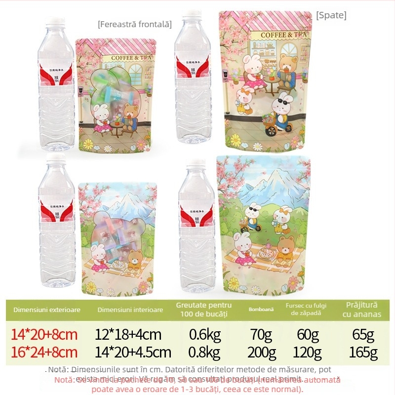 Pungă alimentară cu fermoar, opacă, auto-stand, design urs Sakura și iepuraș, ambalare pentru produse de panificație și gustări