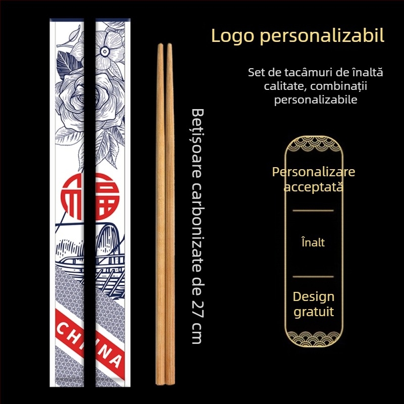 Bețișoare de bambus de unică folosință, ambalaj din hârtie kraft, personalizabile, carbonizate, pentru takeout și servicii de alimentație
