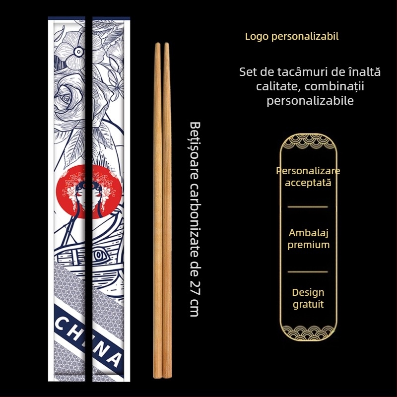 Bețișoare de bambus de unică folosință, ambalaj din hârtie kraft, personalizabile, carbonizate, pentru takeout și servicii de alimentație
