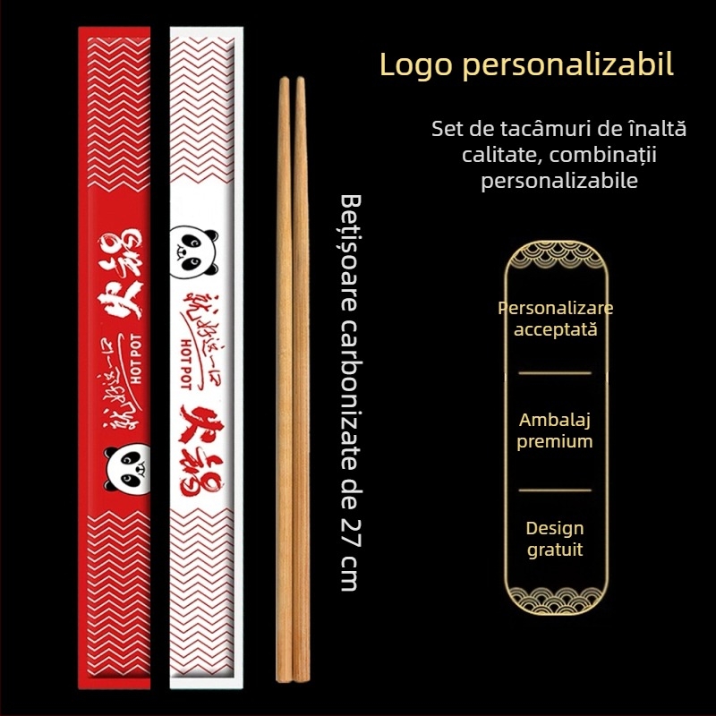 Bețișoare de bambus de unică folosință, ambalaj din hârtie kraft, personalizabile, carbonizate, pentru takeout și servicii de alimentație