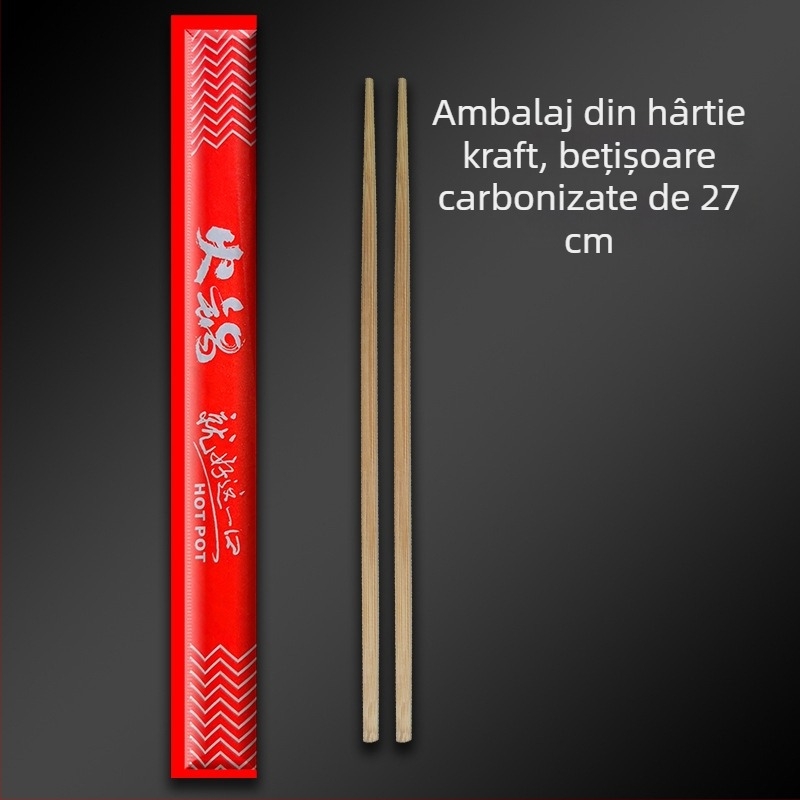 Bețișoare de bambus de unică folosință, ambalaj din hârtie kraft, personalizabile, carbonizate, pentru takeout și servicii de alimentație