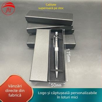 Cutie cadou neagră, texturată, dreptunghiulară pentru stilou, cu ștampilare argintie