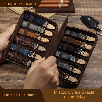Cutie de depozitare pentru curele de ceas din piele Crazy Horse, 12 bucăți, lucrată manual, portabilă