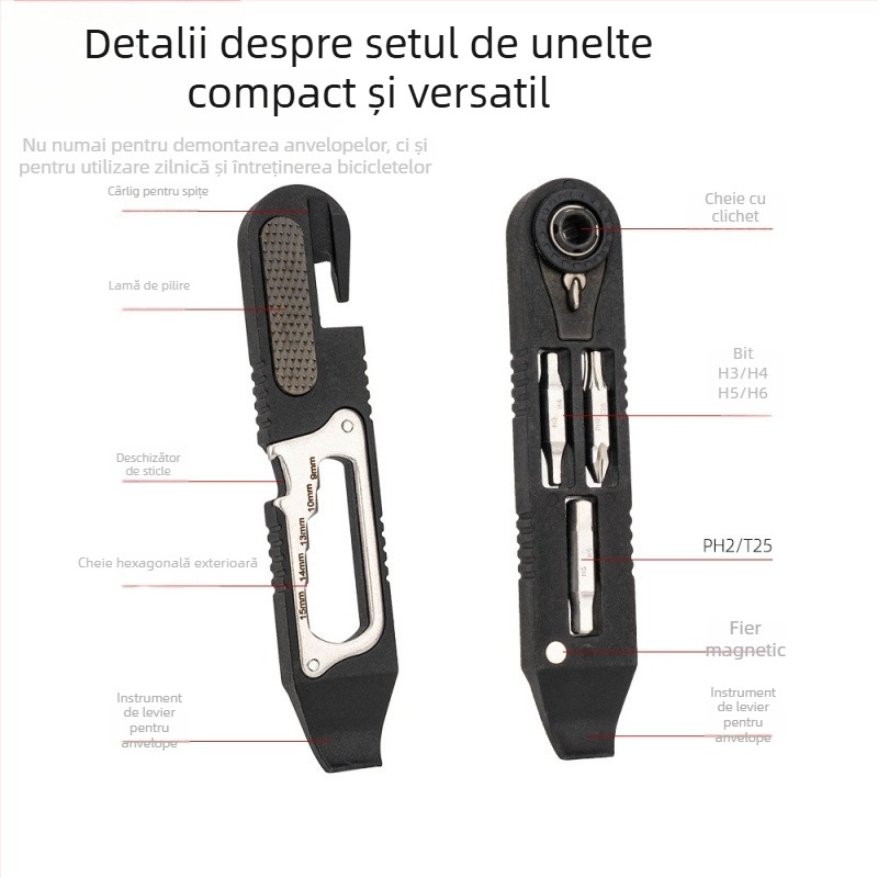 Set de unelte multifuncționale pentru repararea bicicletei, clește demontare pană, șurub hexagonal, cheie clichet și accesorii pentru ciclism