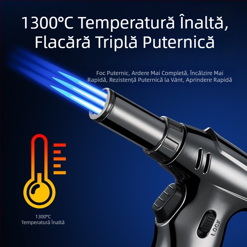 Aprinzător cu gaz cu trei jeturi pentru țigări, arzător de birou rezistent la vânt pentru bucătărie în aer liber și grătar
