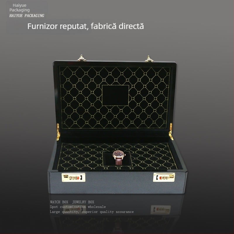 Cutie de afișare pentru ceas cu model diamantat din fibră de carbon și încuietoare dublă cu parolă, ambalaj cadou, cutie metalică personalizată