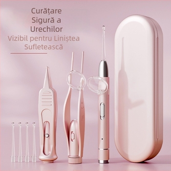 Set metal iluminat pentru curățarea urechilor, cu încărcare — lingurițe pentru urechi, pense și clemă pentru nas
