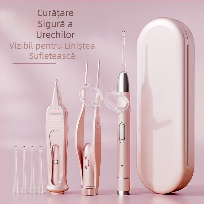 Set metal iluminat pentru curățarea urechilor, cu încărcare — lingurițe pentru urechi, pense și clemă pentru nas