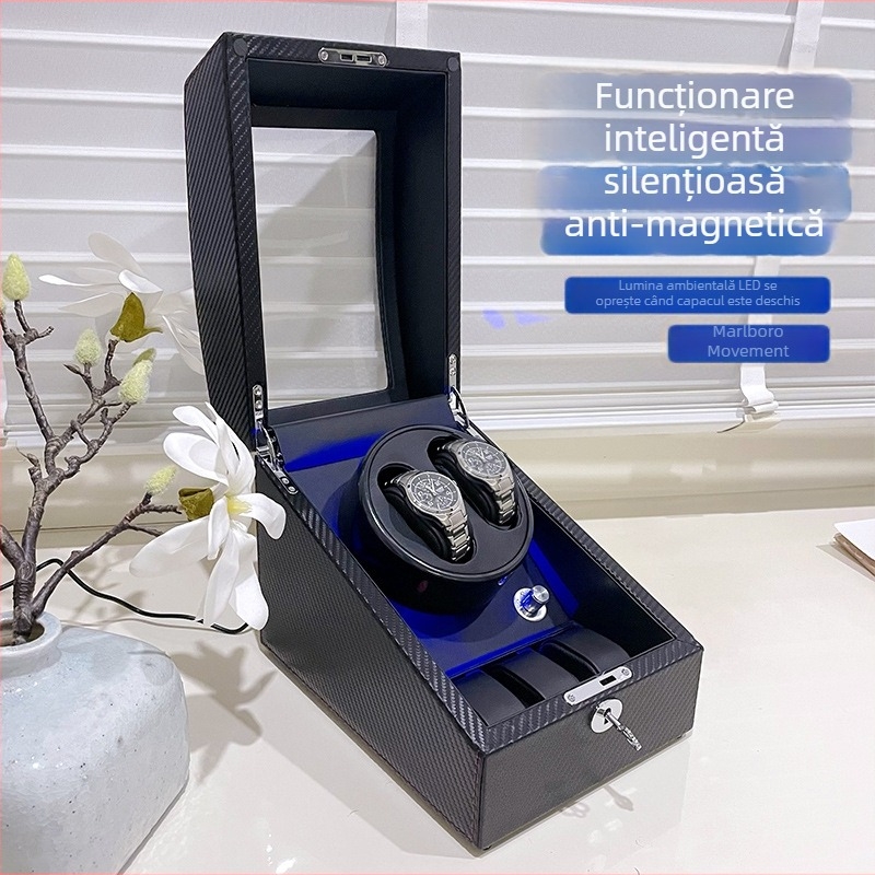Winder pentru ceas cu LED albastru, anti-magnet, silențios, cutie de așezare cu cinci poziții, cadou pentru bărbați