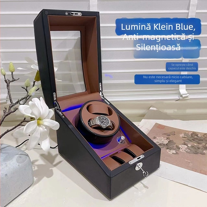 Winder pentru ceas cu LED albastru, anti-magnet, silențios, cutie de așezare cu cinci poziții, cadou pentru bărbați