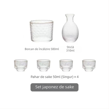 Set de sake din sticlă ciocănită, stil japonez, decantor transparent și pahare mici, margine aurie