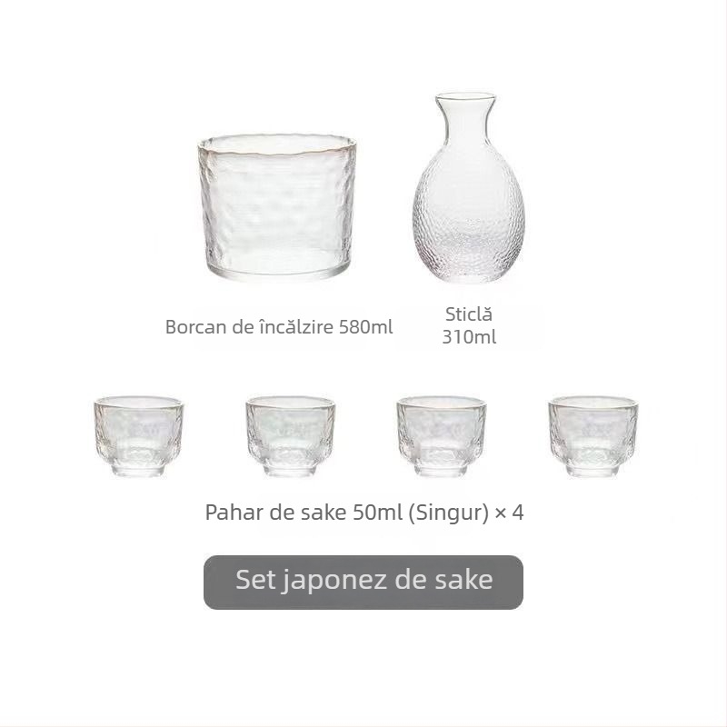 Set de sake din sticlă ciocănită, stil japonez, decantor transparent și pahare mici, margine aurie
