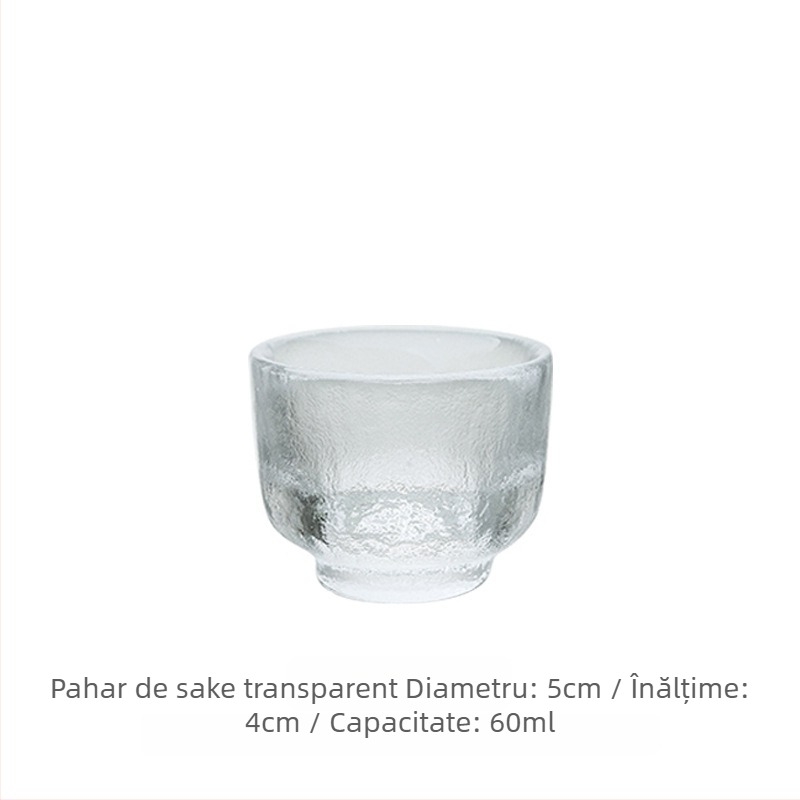 Set de sake din sticlă ciocănită, stil japonez, decantor transparent și pahare mici, margine aurie