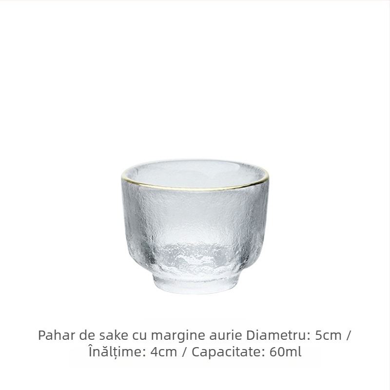 Set de sake din sticlă ciocănită, stil japonez, decantor transparent și pahare mici, margine aurie