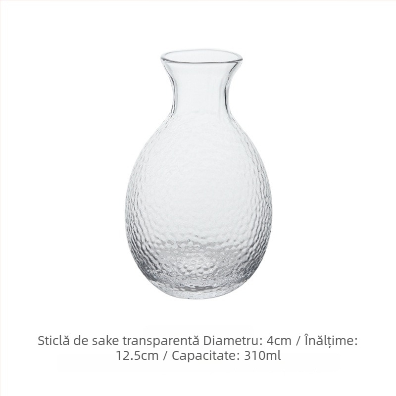 Set de sake din sticlă ciocănită, stil japonez, decantor transparent și pahare mici, margine aurie