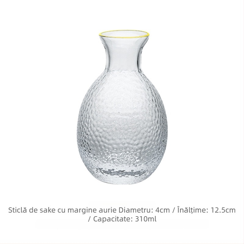 Set de sake din sticlă ciocănită, stil japonez, decantor transparent și pahare mici, margine aurie