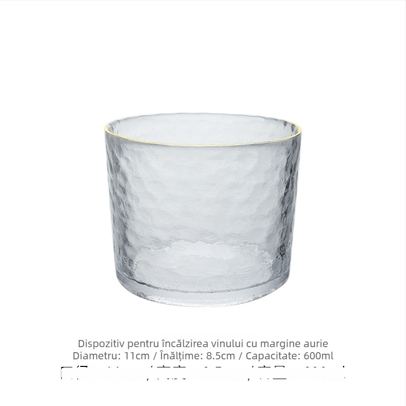 Set de sake din sticlă ciocănită, stil japonez, decantor transparent și pahare mici, margine aurie