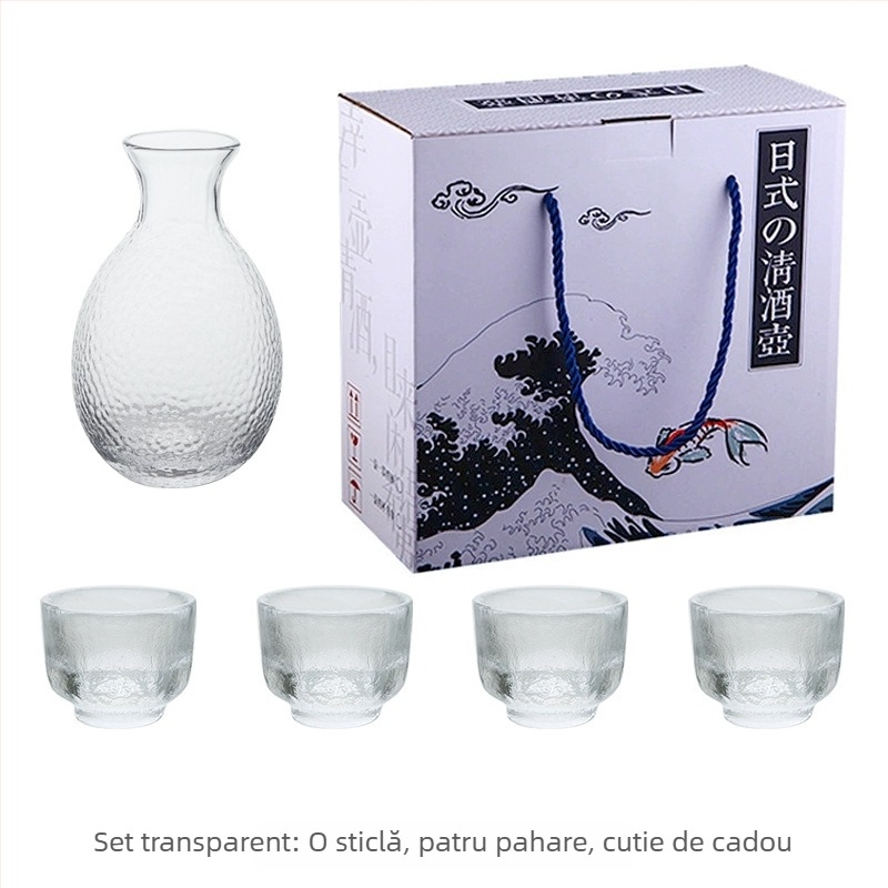 Set de sake din sticlă ciocănită, stil japonez, decantor transparent și pahare mici, margine aurie
