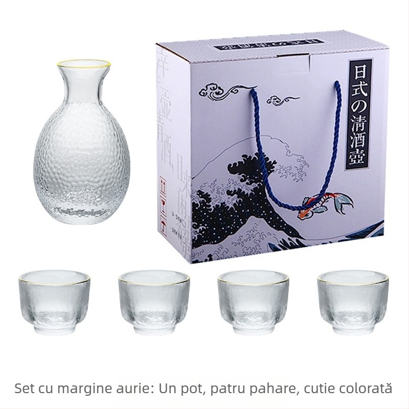 Set de sake din sticlă ciocănită, stil japonez, decantor transparent și pahare mici, margine aurie