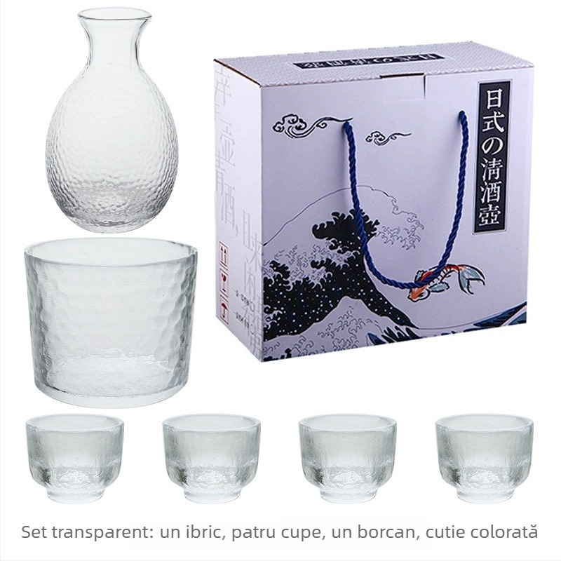 Set de sake din sticlă ciocănită, stil japonez, decantor transparent și pahare mici, margine aurie